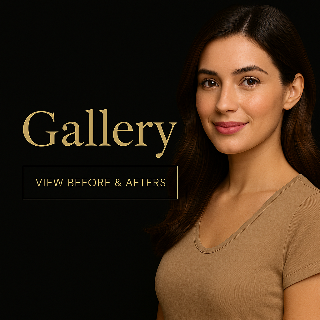 Smiling woman with long dark hair and champagne gold text reading “Gallery – View Before & Afters” on a black background, representing the before and after photo section of Reviv Beauty Med Spa