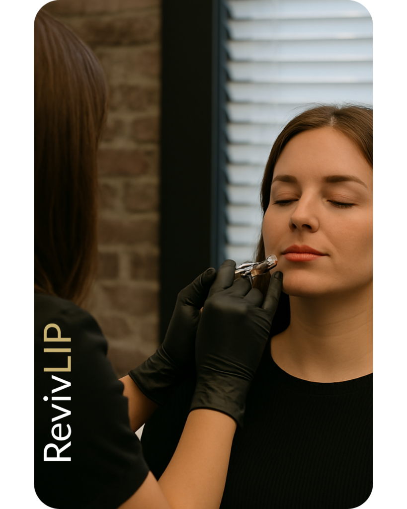 Medical professional administering lip filler injection to a relaxed female client in a modern med spa setting.