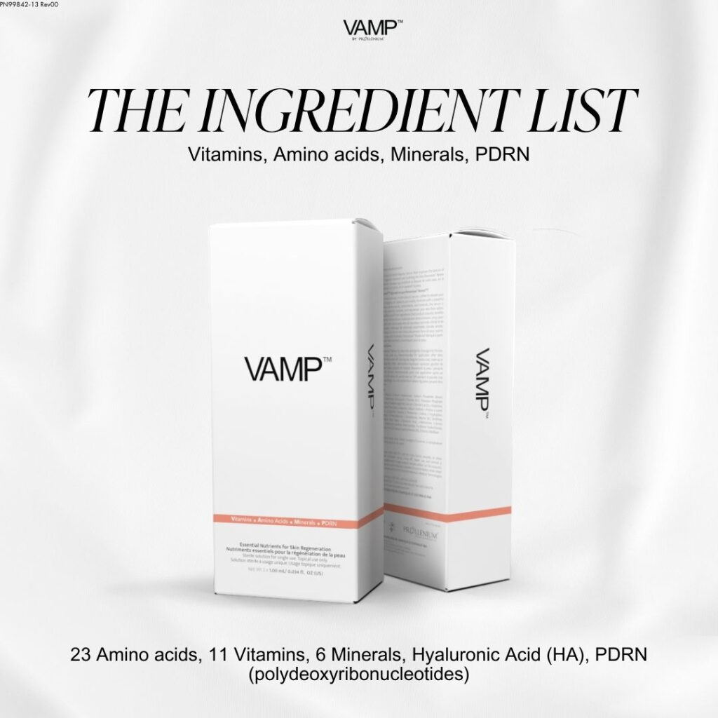 VAMP™ by Prollenium product image for PDRN microneedling facial, highlighting key ingredients: 23 amino acids, 11 vitamins, 6 minerals, hyaluronic acid, and PDRN