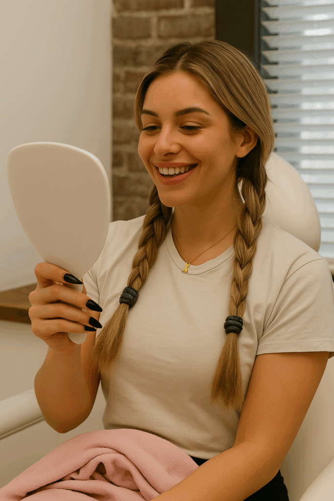 A smiling female client at Reviv Beauty Med Spa holding a mirror after treatment, representing the Glow Club Med spa membership Sanford FL experience.