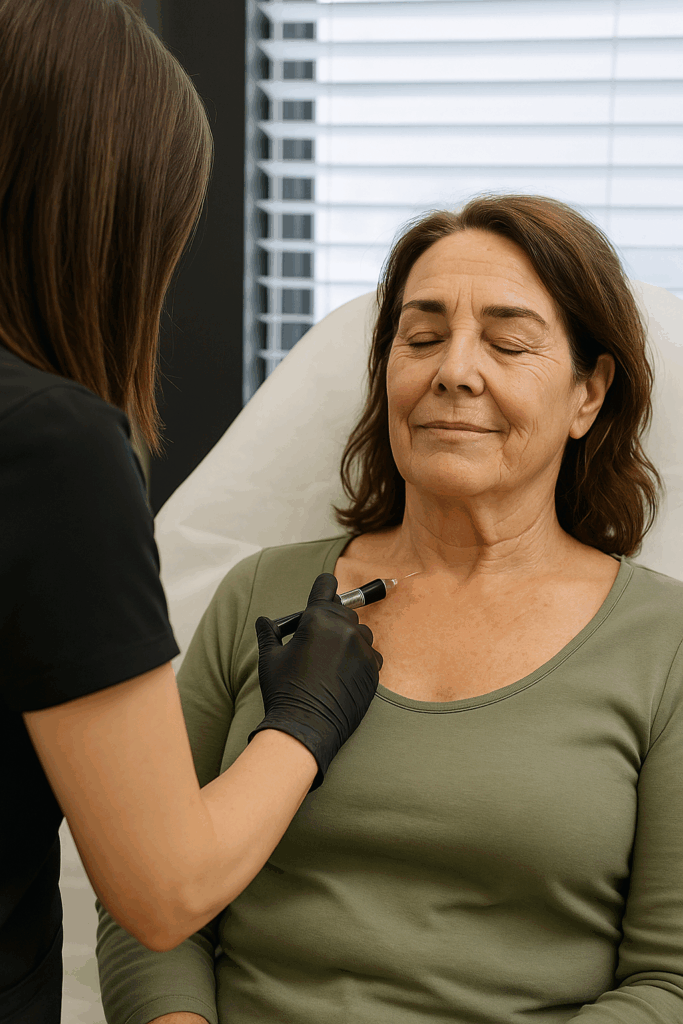 Nurse injecting Injectable skin booster for neck and chest into woman's chest for neck and décolletage rejuvenation in Sanford FL