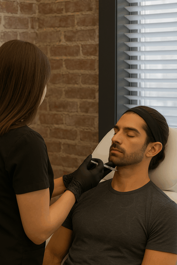 Jawline Contouring with Neurotoxin in Sanford, FL performed at Reviv Beauty Med Spa, showing a male patient receiving a non-surgical RevivTOX treatment to sculpt the jawline.