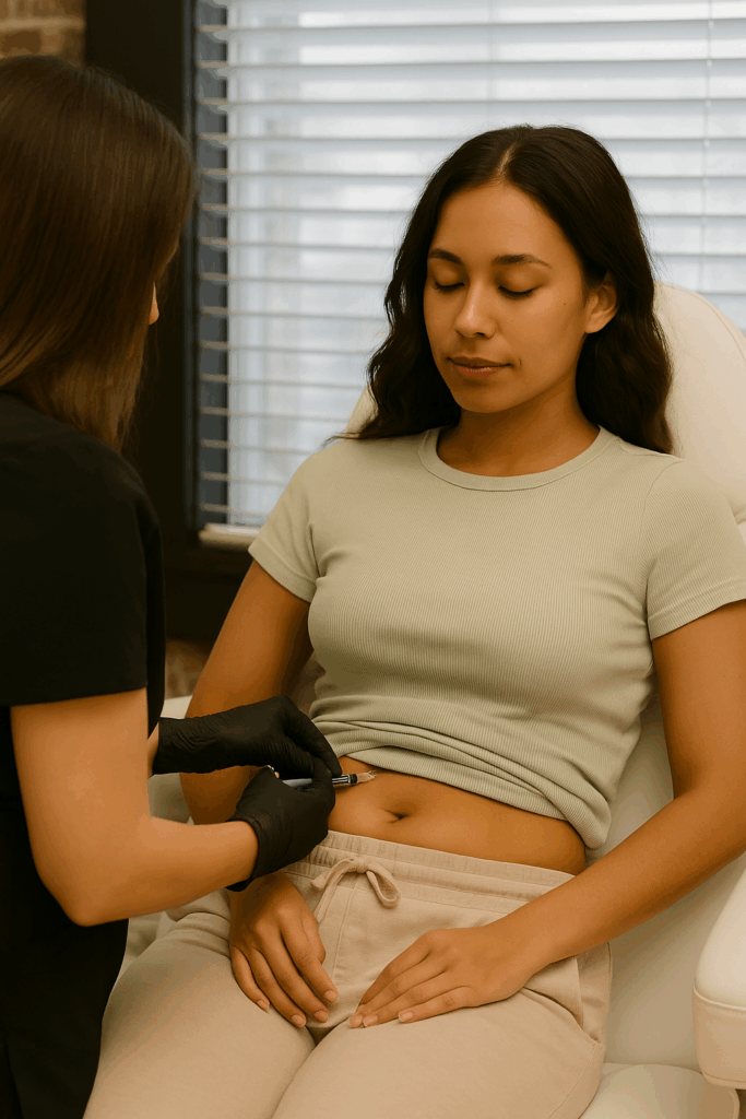 Woman receiving a medical weight loss injection in the abdomen during treatment at Reviv Beauty Med Spa in Sanford, FL.
