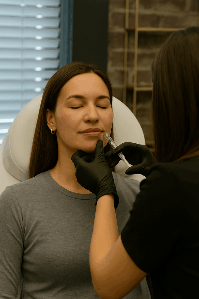 Aesthetic injector performing nasolabial fold correction treatment on female client at Reviv Beauty Med Spa