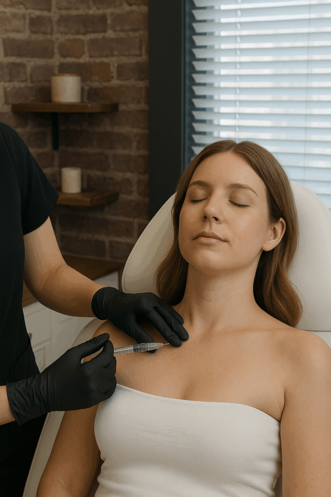 Woman receiving neck and décolletage Rejuvenation dermal filler treatment at a luxury med spa in Sanford, FL.