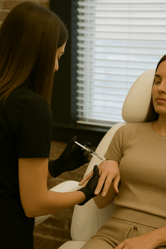 Aesthetic injector performing RevivGLOW Hand Rejuvenation with dermal filler at Reviv Beauty Med Spa.