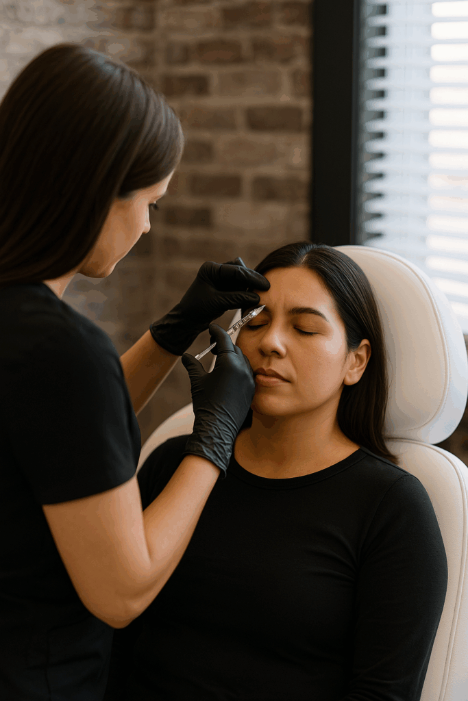 Nurse injector administering RevivTOX wrinkle relaxers to forehead area in a modern med spa setting
