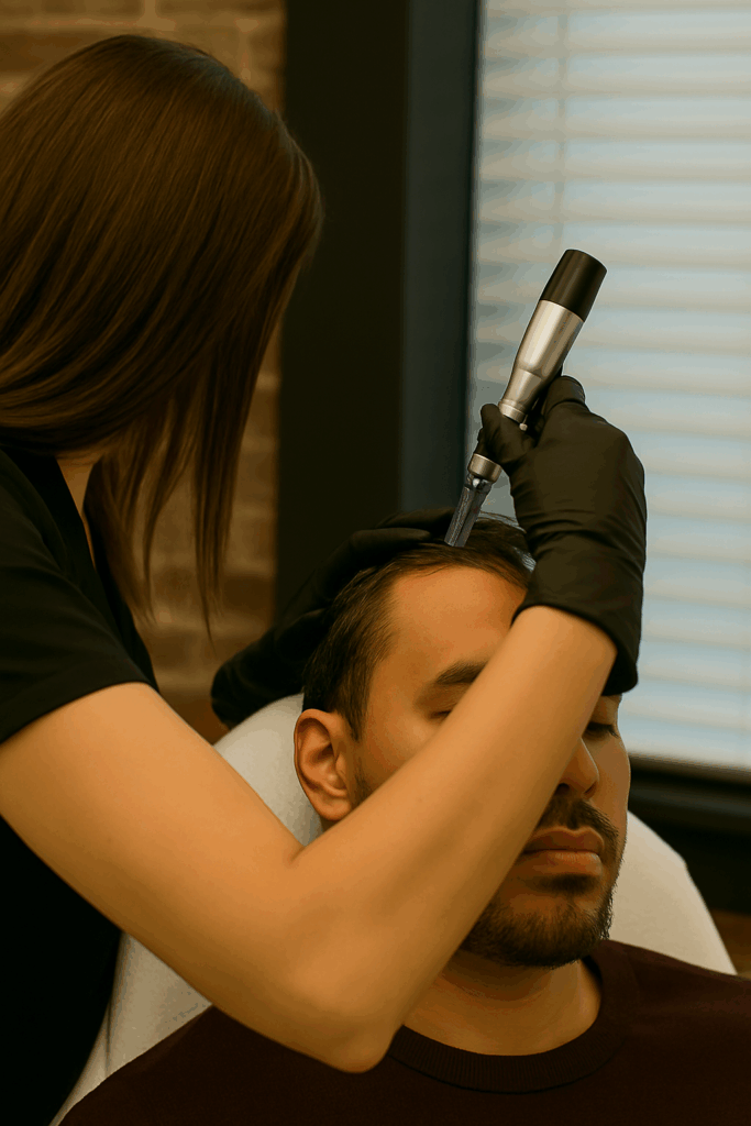 Scalp rejuvenation microneedling procedure being performed to promote hair growth in a male patient
