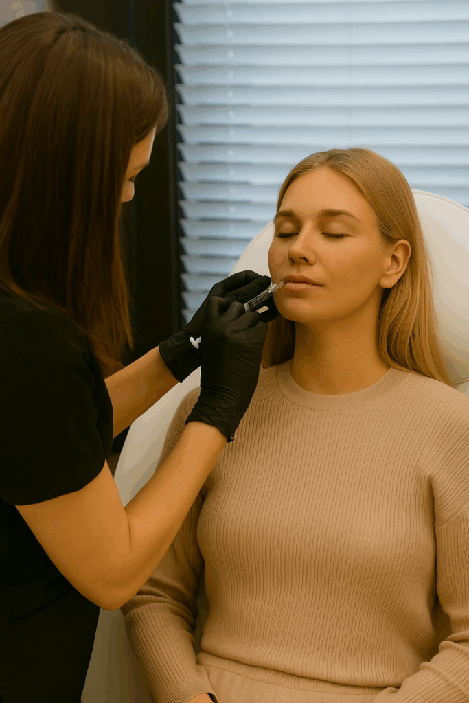 Woman receiving Signature Sculpt facial contouring injection at Reviv Beauty Med Spa
