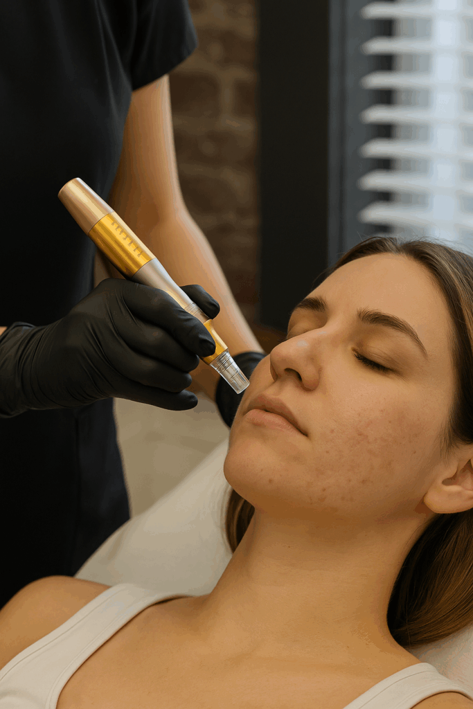Client receiving stem cell microneedling treatment at Reviv Beauty in Sanford, FL