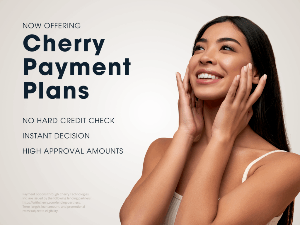 Smiling woman with glowing skin promoting Cherry Payment Plans at Reviv Beauty Med Spa