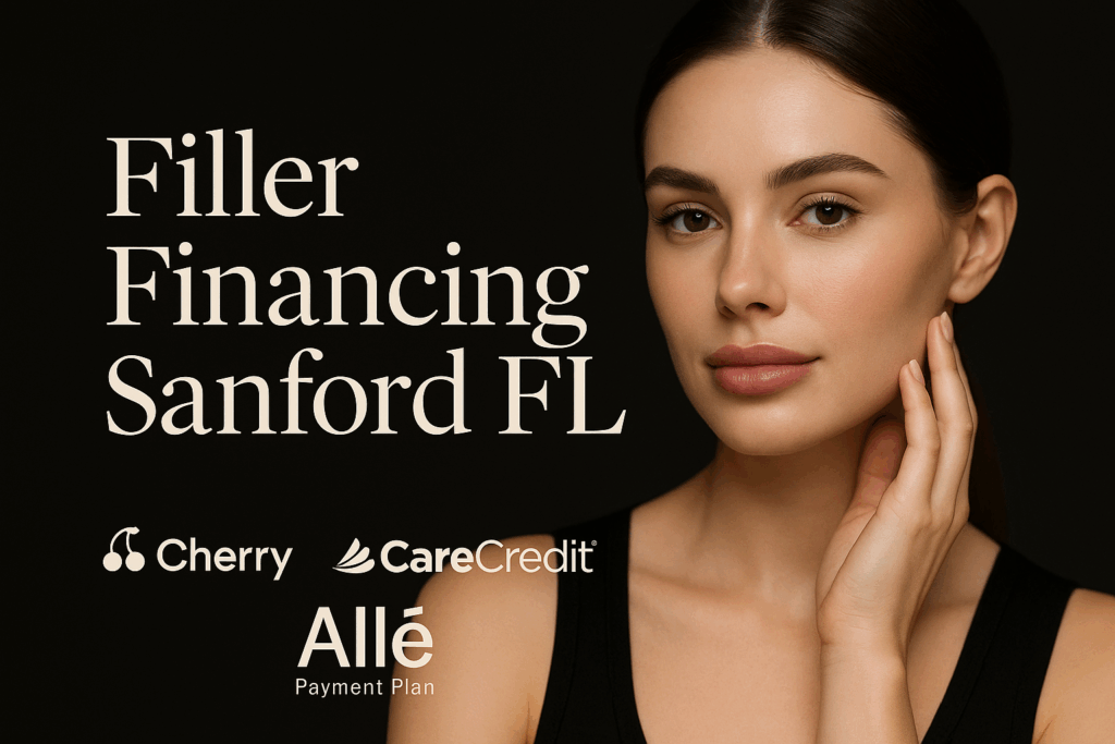 Smiling woman after dermal filler treatment with contoured cheeks, promoting filler financing Sanford FL at Reviv Beauty.