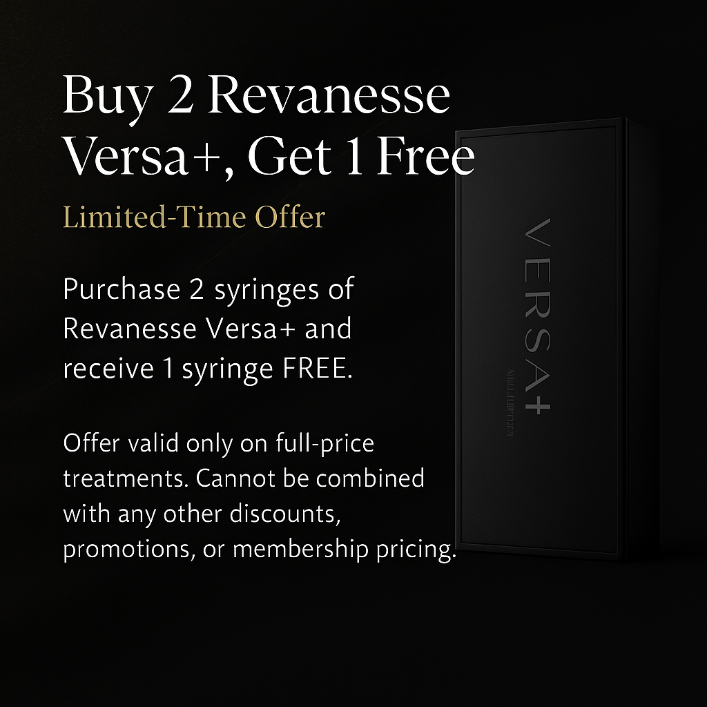 Promotional image of Revanesse Versa+ filler box with text: Buy 2 Revanesse Versa+, Get 1 Free – limited-time offer at Reviv Beauty Med Spa in Sanford, FL.