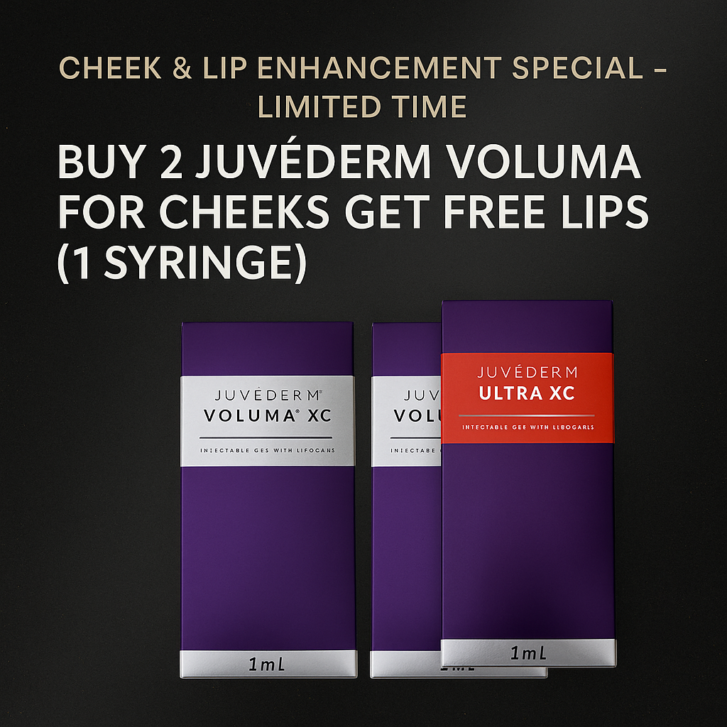 Promotional image showing Juvederm Voluma XC and Juvederm Ultra XC boxes with text highlighting: Buy 2 Juvederm Voluma for cheeks, get 1 syringe of lip filler free – limited-time offer at Reviv Beauty Med Spa in Sanford, FL.
