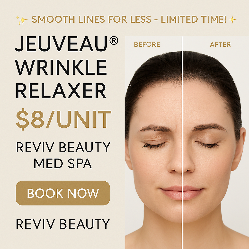 Jeuveau wrinkle relaxer $8 per unit promo at Reviv Beauty Med Spa Sanford Florida