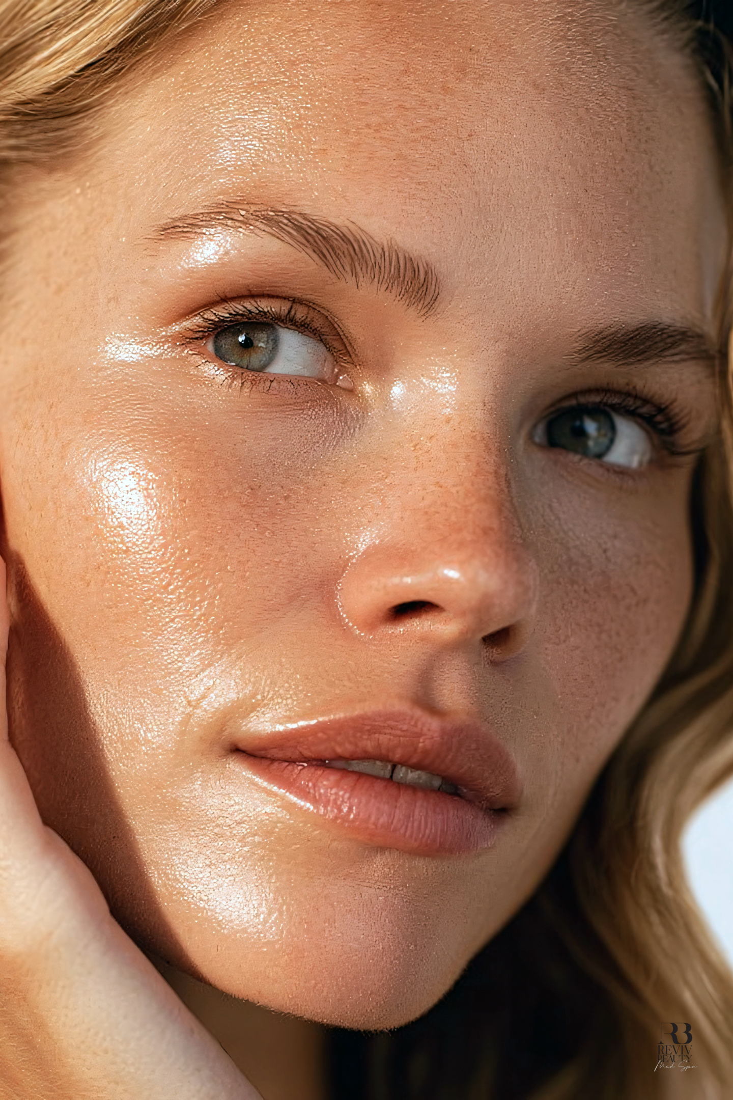 Close-up of glowing, smooth skin texture representing skin booster results at Reviv Beauty Med Spa in Sanford, FL.