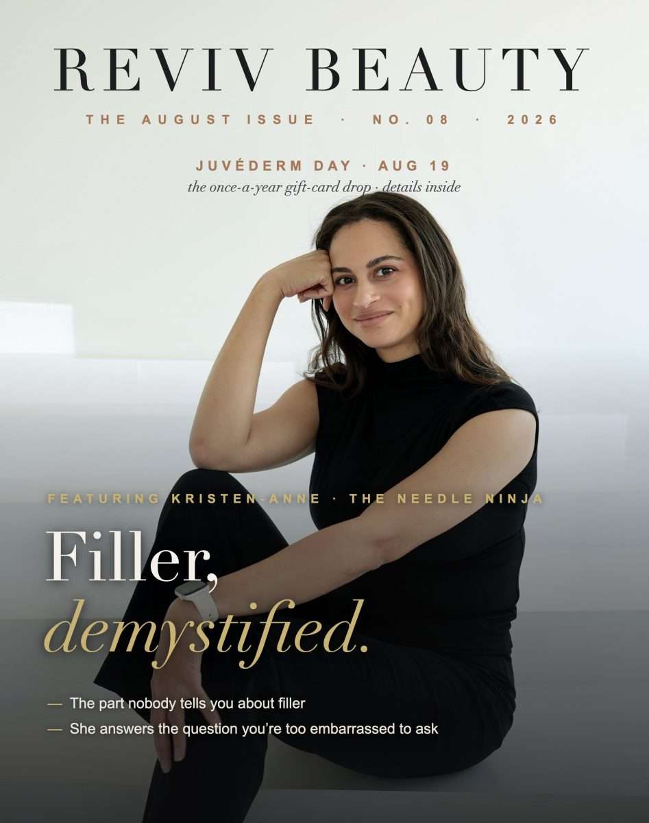 Reviv Beauty — The August Issue cover featuring Kristen-Anne with Juvederm Day Aug 19 skyline